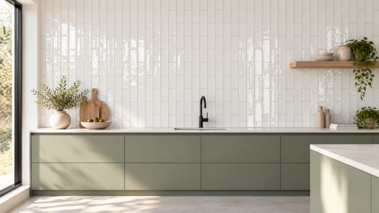 Minimalistische keuken met Noha Rochelle White Glossy wandtegels 7,5x30 cm diagonaal gelegd