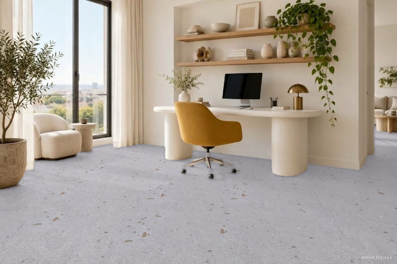 Sfeerfoto Noha Sienna Sand werkkamer met de echte tegel
